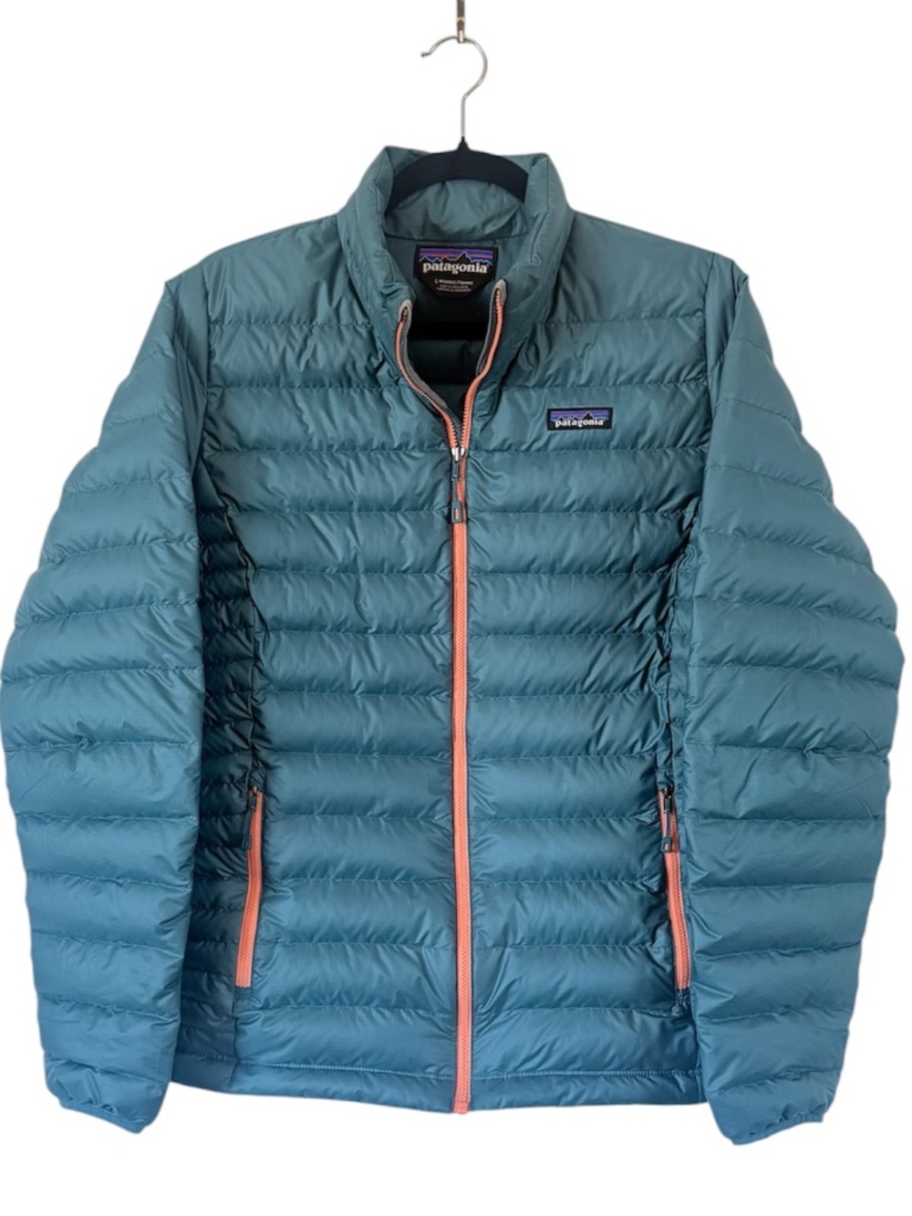 Patagonia Goose Down Sweater Puffer Jacket Teal/peach women's Large - Picture 10 of 10